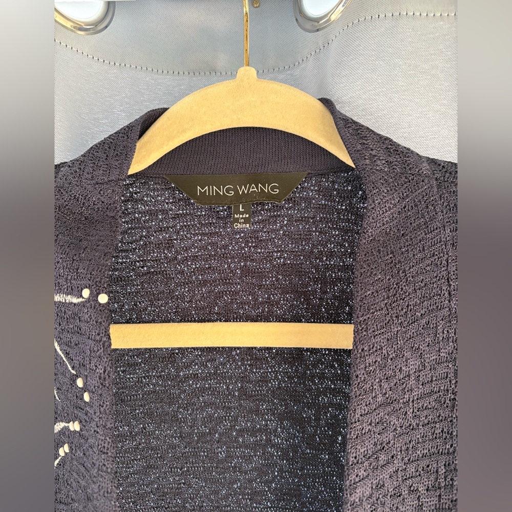 Ming Wang L navy blue white cardigan hook front career wear pit2pit 21 length 32 - Picture 4 of 7